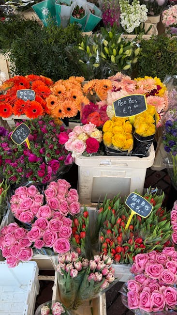 A vibrant display of fresh flowers at Grove Park Flowers, including an assortment of pink roses, red tulips, yellow roses, pink peonies, and orange gerbera daisies arranged in baskets and containers. 