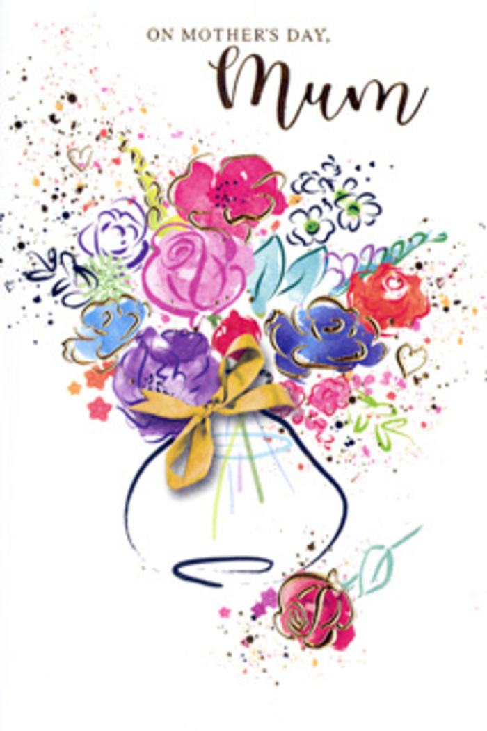 The illustration on this Mother's Day card unfolds like a story told in flowers, painted with the easy confidence of someone who knows how colours behave in a real bouquet. At its heart, rich cerise and magenta blooms are painted with saturated watercolour, their petal edges deepened by strokes of indigo that carve out gentle folds and shadows. Around these central flowers, looser splashes of lavender, powder blue, apricot, and soft rose mingle together, overlapping where the pigment has been allowed to bloom and bleed, like petals layered in a hand-tied gift from a Grove Park florist. Fine ribbons of gold ink trace select petals and leaves, giving them a subtle shimmer, reminiscent of early morning light catching dew on gardens lining the quiet streets near the park. The background remains an uncluttered white, allowing every tone to breathe, while whimsical paint splatters and heart-shaped motifs sprinkle the space, evoking giggles, hugs, and the unspoken tenderness that often defines the bond between mother and child. A simple rounded vase anchors the composition at the base, softly suggested with muted blue-grey washes and finished with a golden bow that hints at the rustle of tissue paper and ribbon before a bouquet heads out for local delivery. The arrangement feels both joyous and thoughtful, like an artist pausing between stems to consider what each colour might mean. As a Mother's Day greeting, this card carries not just the look of seasonal flowers, but the emotional warmth of an embrace shared at a kitchen table in Grove Park, long after the day's celebrations are over.
