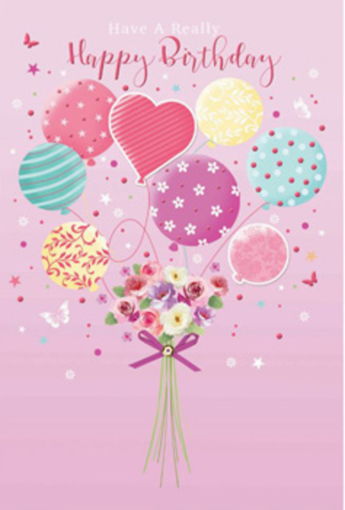The scene is a whimsical birthday fantasy, set against a wash of delicate pink that feels as soothing as an early morning walk through Grove Park. At the heart of the illustration, a bouquet of pastel balloons floats upward, giving the impression that the flowers beneath are being lifted into the air by pure joy. The balloons are rendered in pale sunshine yellow, rosy fuchsia tints, soft teal, and gentle lilac, each one adorned with an individual design-fine ribbon stripes curling like birthday streamers, playful polka dots scattered as if thrown in celebration, and floral accents that mirror the blooms below. Beneath this airy cluster sits a hand-tied bouquet of petite roses and daisy-like flowers, their petals velvety and finely shaded from creamy ivory at the tips to deeper blush and rose near the centres. The blossoms nestle closely together, suggesting the fullness and freshness of a bouquet you might collect just before a birthday lunch in nearby Chiswick or along the Thames path. A violet satin bow embraces the stems, its rich purple tone providing a gentle contrast to the softer shades above, and its neat knot indicates a florist's careful, practised hands. Around the arrangement, tiny stars and delicate butterflies seem to hover, as though caught mid-flight, adding a sprinkling of fairy-tale charm. Light appears to pour across the image, glinting off the smooth balloon surfaces and highlighting the natural curves of each petal, creating a sense of quiet yet unmistakable celebration. The overall feeling is one of gentle jubilation, like a heartfelt birthday wish expressed through colour, softness, and graceful design.