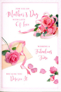 This Mother's Day card illustration is composed like a small floral still life, with every detail echoing the care of an experienced florist from the Grove Park area. Prominent in the design is a generous spray of pink roses, their petals full and layered, ranging in tone from almost-white blush at the outer edges to deeper rose and candy pink near the centre. The roses sit diagonally across the card, giving a feeling of movement, as if the bouquet has just been turned to catch the light streaming through a Grove Park window. Loose petals are scattered intentionally around the main cluster, some resting near the edges, others drifting toward the hand-written message. This scattering softens the clean white background and adds a sense of gentle motion, like memories tumbling softly into place. Intertwined with the blooms, a soft pastel ribbon curves and loops in a relaxed, almost weightless line, tying the composition together the way ribbon finishes a hand-tied bouquet. Above and around the flowers, elegant calligraphy spells out a Mother's Day greeting in warm, swirling script, the letters rising and dipping like stems in a breeze. The lighting is calm and even, with no harsh shadows, giving the impression of a quiet afternoon spent preparing flowers for local deliveries around Grove Park and neighbouring Chiswick. The overall effect is one of tenderness and appreciation, a card designed to accompany a bouquet on Mother's Day and to express, through roses and careful artistry, the love that can sometimes be hard to put into words.