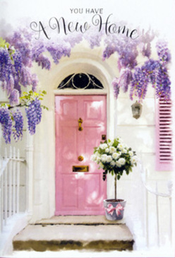 An inviting entrance scene, reminiscent of a peaceful Grove Park side street near the green calm of Chiswick and the Thames path, is framed by a dreamy cascade of wisteria and a tender blush-pink door. The wisteria drapes down in long, tumbling clusters of lavender blooms, their petals loose and feathery, forming a natural canopy above the doorway that suggests dappled shade and a gentle, powdery fragrance. The door itself is painted in a soft, chalky pink that feels hand-finished, with a matching shutter and whitewashed wall catching slants of light as though the sun has just moved past its highest point. At the doorstep, a chic grey tin bucket acts as an understated vase for an opulent gathering of white and cream roses, their rounded heads pressed close together, petals layered like ruffles on a dress. Fresh green foliage threads between the blooms, adding just enough texture and contrast to keep the arrangement feeling alive and modern rather than stiff. A blush ribbon curls around the base of the bucket in a simple bow, its satin edge reflecting a little glimmer of light. This is the sort of arrangement a local Grove Park florist might prepare as a thoughtful new home gift, delivered just in time to greet the first turn of the key in the lock. The mood is calm yet full of expectation, the flowers suggesting congratulations, comfort, and quiet celebration all at once, as if this small corner of a Grove Park doorway has been turned into a softly spoken blessing over the start of a new chapter.