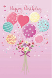 This birthday card illustration feels like a little party drifting above the rooftops of Grove Park. A cluster of pastel balloons rises from the centre of a soft pink background, their rounded forms and one tender heart-shaped balloon painted in delicate shades of blush, mint, teal, lavender, and warm yellow. Each balloon has been given a playful character-some wrapped in twirling stripes, others dotted with lively polka dots, and a few embellished with subtle floral patterns that echo the blooms below. From their gathering point emerges a compact hand-tied bouquet of roses and anemone-like blossoms, each petal soft and feathery, shifting gently from cream to blush pink and into muted mauve. The flowers look freshly picked and lovingly arranged, the sort of detail you'd expect from a florist who understands quiet, meaningful celebrations. A neat violet satin bow secures the stems, its smooth texture catching the light and adding a refined finishing touch. Around the main composition, tiny stars and fluttering butterflies drift like confetti caught on a spring breeze, giving the design a hint of fairy-tale wonder, as if the bouquet is carrying birthday wishes over nearby streets and gardens. Gentle, even lighting bathes the balloons and petals, emphasizing their curves and soft edges without any harsh shadows, and creating a soothing, uplifting mood. The whole piece reads as an airy, joyful tribute-perfect for someone whose birthday should feel light, sweet, and unforgettable, with flowers and balloons working together to tell a story of affection and celebration.